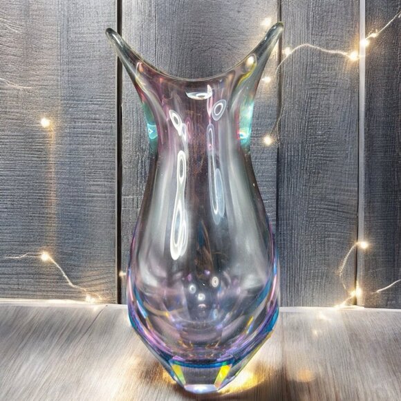 Venetian Murano Art Glass Vase Faceted Bottom Sommerso Heavy Hand Blown Glass - Picture 1 of 16